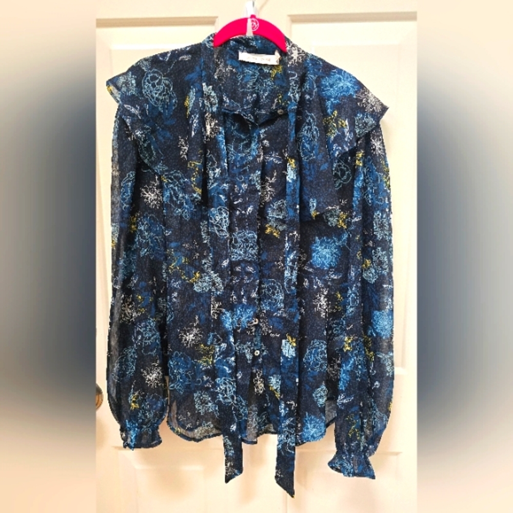 Bishop + Young Blue Teal Floral Sheer Button Down Blouse with Ruffle Collar-NWOT